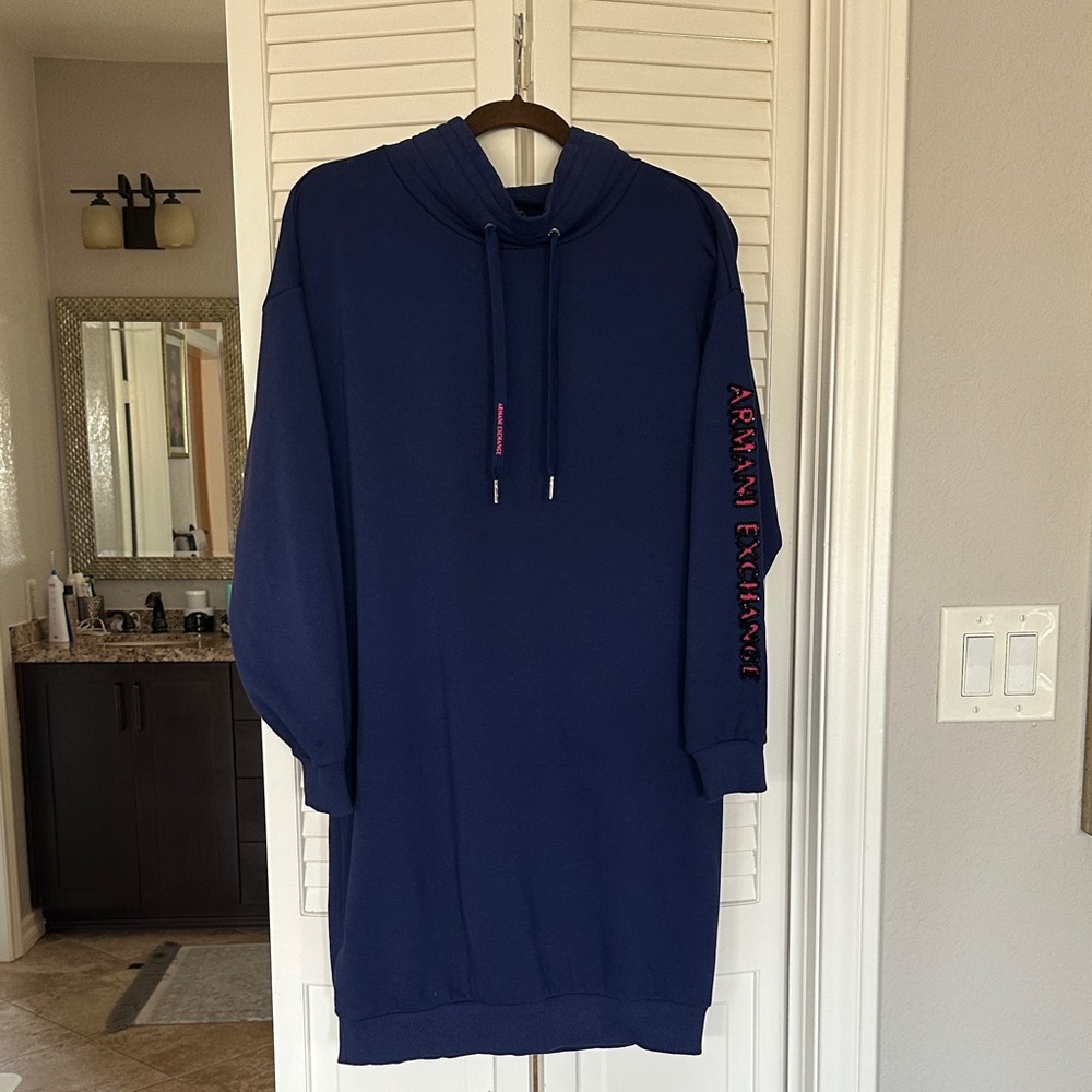 Armani Exchange Blue Hoodie Dress with Red Logo